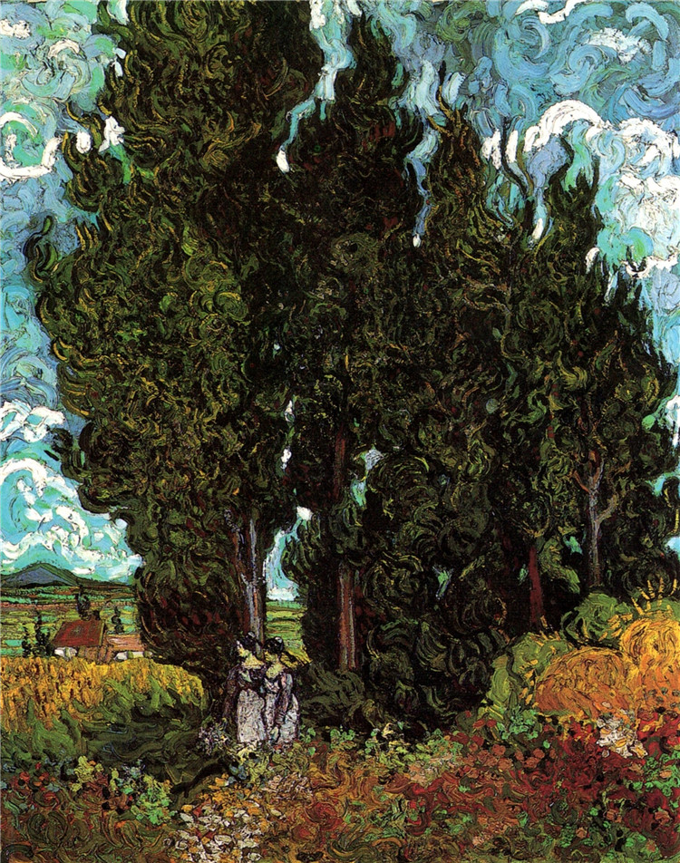 Cypresses With Two Female Figures Van Gogh Oil Painting - Click Image to Close